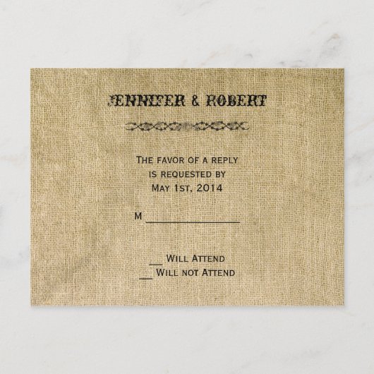 Westerne Burlap Wedding RSVP Uitnodiging Briefkaart (Voorkant)