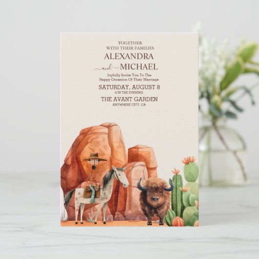 Westerne Canyon Desert Cactus Wedding Kaart (Staand voorkant)
