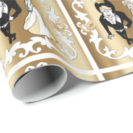 Westerne Cartoon bruiloft paar op gouden wikkeling Cadeaupapier