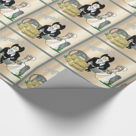 Westerne Cartoon bruiloft paar ranch scène Cadeaupapier (Hoek)