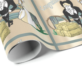Westerne Cartoon bruiloft paar ranch scène Cadeaupapier