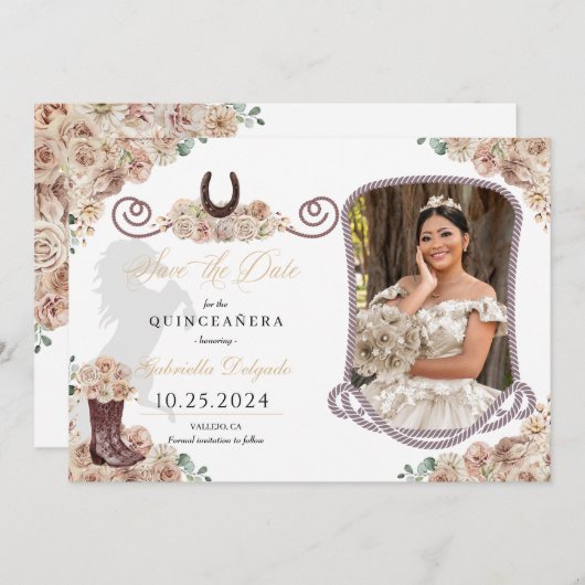 Westerne Champagne Quinceañera Bewaar de datum Fot Kaart (Voorkant / Achterkant)