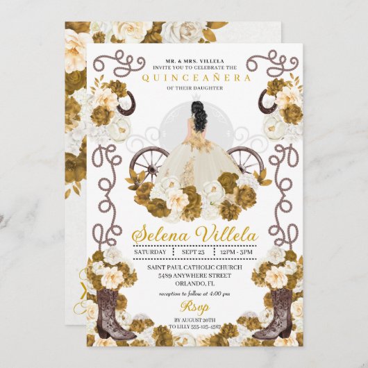 Westerne Charro Prinses Ivoor & Goud Quinceañera Kaart (Voorkant / Achterkant)