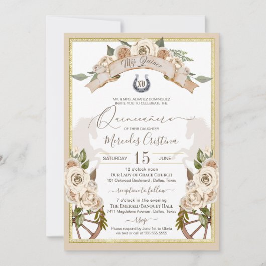 Westerne charro Quinceanera voor Cream White Roses Kaart (Voorkant)
