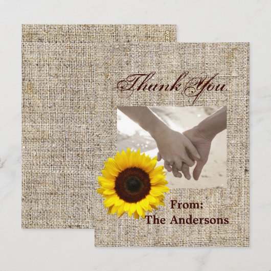 Westerne Country Burlap Zonnebloem bruiloft bedank Briefkaart (Voorkant / Achterkant)