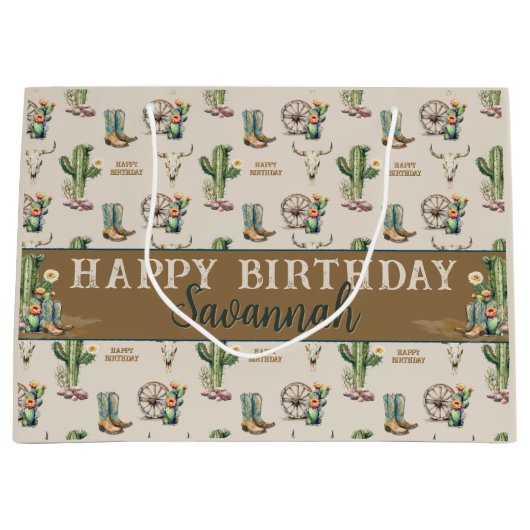 Westerne Country Cactus Laarzen Naam Happy Birthda Groot Cadeauzakje (Voorkant)