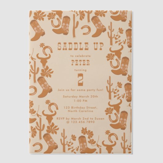Westerne Country Cowboy Boots Zadelen Verjaardag O Vellum Uitnodigingen (Voorkant)