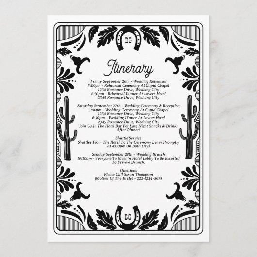 Westerne Country Cowboy Wedding Route Programmakaart (Achterkant)