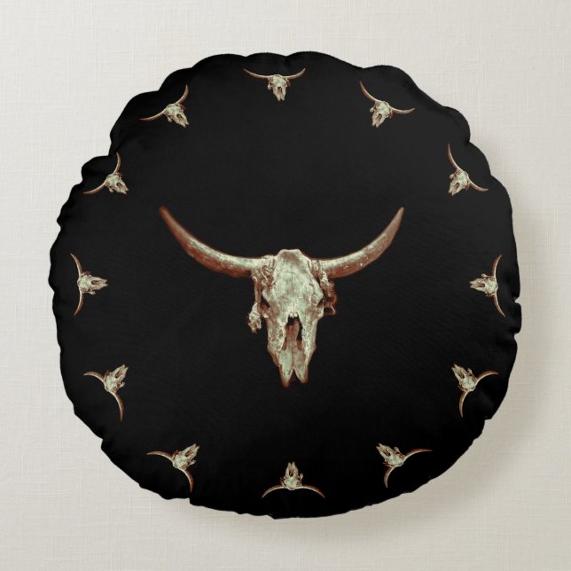 Westerne Cow Skull Black Brown Country Robuuste st Rond Kussen (Voorkant)