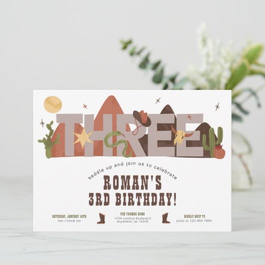 Westerne Cowboy 3e verjaardag Uitnodiging (Staand voorkant)