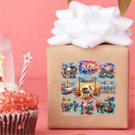 Westerne Cowboy BBQ Cookoff Scènes 1 Vierkante Sticker