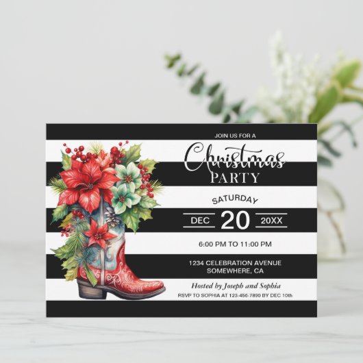 Westerne Cowboy Boot Black Gestreepte Kerstfeest Kaart (Staand voorkant)