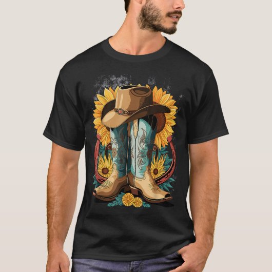 Westerne Cowboy Boot Hoefijzer Zonnebloem Touw T-shirt (Voorkant)