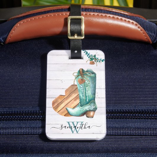 Westerne Cowboy Boot Monogram Boho Wood Bagagelabel (Voorkant Insitu 2)