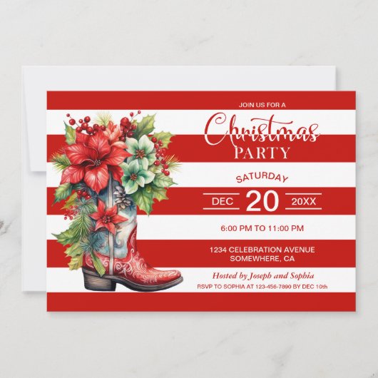 Westerne Cowboy Boot Rood Gestreept Kerstfeest Kaart (Voorkant)