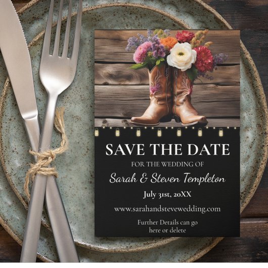 Westerne Cowboy Boots Floral Elegant Mason Jar Save The Date