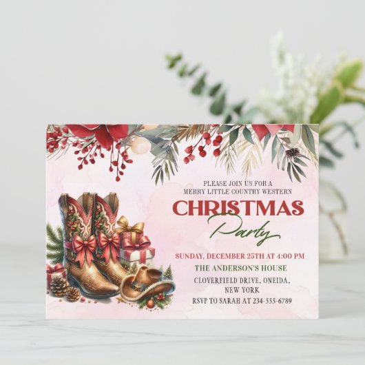 Westerne Cowboy Boots kerstfeest uitnodiging (Staand voorkant)