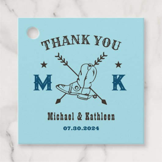 Westerne Cowboy Boots Monogram Land Weddenschap Bedankjes Labels (Voorkant)