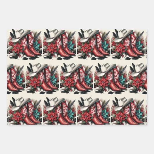 Westerne Cowboy Boots Pet en Poinsettia Kerst Inpakpapier Vel (Voorkant 3)