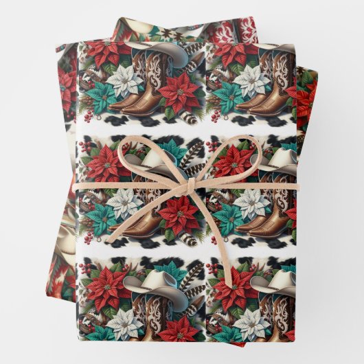 Westerne Cowboy Boots Pet en Poinsettia Kerst Inpakpapier Vel (In situ)