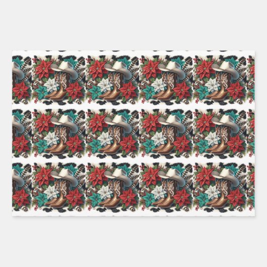 Westerne Cowboy Boots Pet en Poinsettia Kerst Inpakpapier Vel (Voorkant)