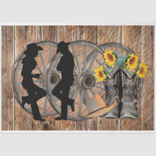 Westerne Cowboy Boots Pet Zonnebloemen Wagon Wheel Tissuepapier (Voorkant)