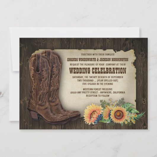 Westerne Cowboy Boots Sunflower Wedding Invitting Kaart (Voorkant)