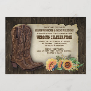 Westerne Cowboy Boots Sunflower Wedding Invitting Kaart