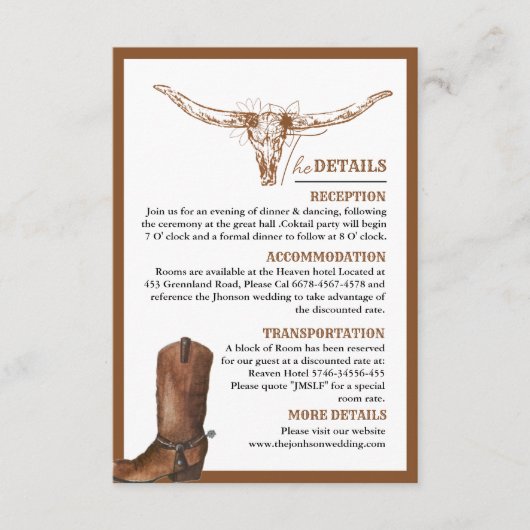 Westerne Cowboy Botts bruiloft details Informatiekaartje (Voorkant)