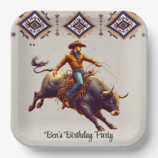 Westerne Cowboy Bull Rider Azteekse verjaardagsfee Papieren Bordje (Voorkant)