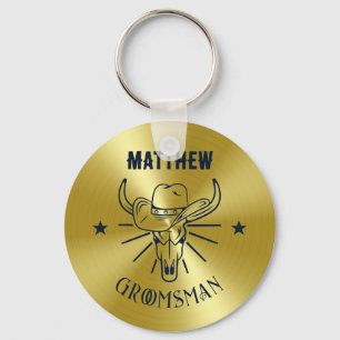 Westerne Cowboy Bull Skull Logo Gold Navy Groomsme Sleutelhanger