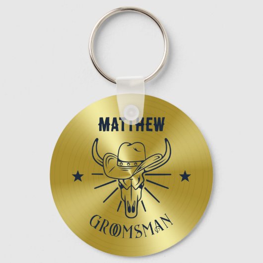 Westerne Cowboy Bull Skull Logo Gold Navy Groomsme Sleutelhanger (Voorkant)