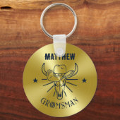 Westerne Cowboy Bull Skull Logo Gold Navy Groomsme Sleutelhanger (Voorkant)