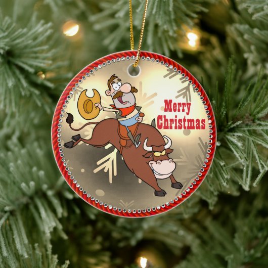 Westerne Cowboy Cartoon Bull Rider Kerstmis Keramisch Ornament (Boom)