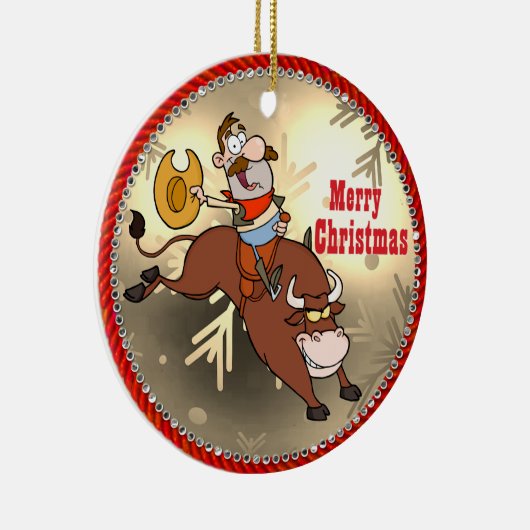 Westerne Cowboy Cartoon Bull Rider Kerstmis Keramisch Ornament (Rechts)
