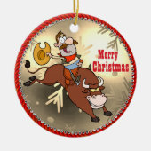 Westerne Cowboy Cartoon Bull Rider Kerstmis Keramisch Ornament (Voorkant)