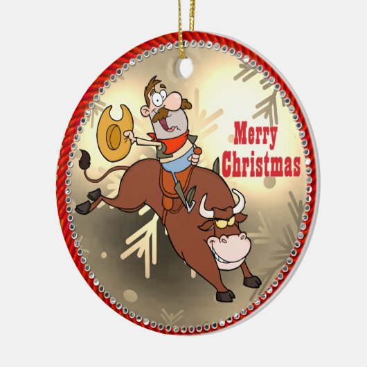 Westerne Cowboy Cartoon Bull Rider Kerstmis Keramisch Ornament (Links)