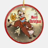 Westerne Cowboy Cartoon Bull Rider Kerstmis Keramisch Ornament (Achterkant)