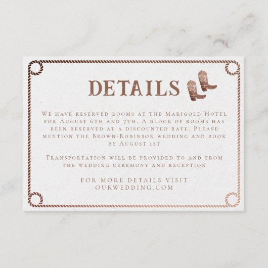 Westerne Cowboy Country Rustieke Bruiloft Details Informatiekaartje (Voorkant)