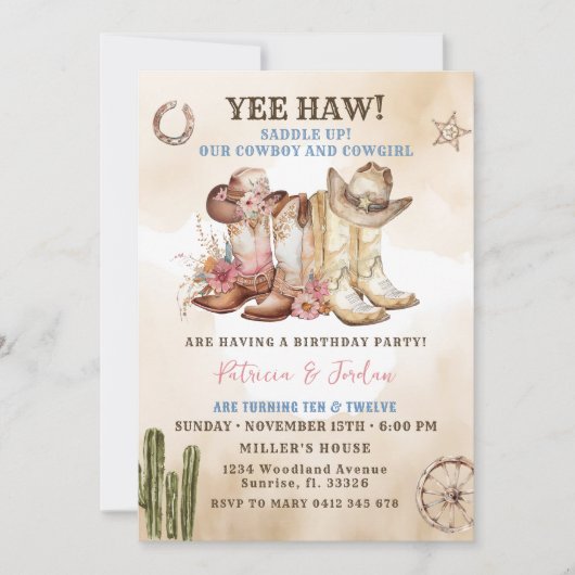 Westerne cowboy cowgirl broer tweeling verjaardag kaart (Voorkant)