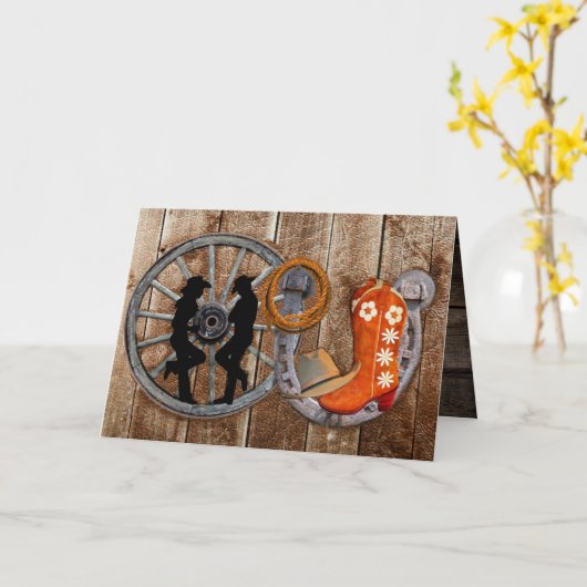 Westerne cowboy Cowgirl Hoefijzer Wagon Wheel Card Kaart (Gele Bloem)