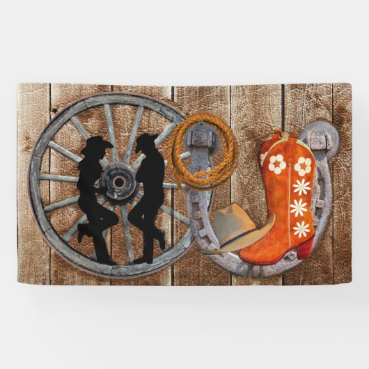 Westerne Cowboy Cowgirl Hoefijzer Wagon Wiel Spandoek (Horizontaal)