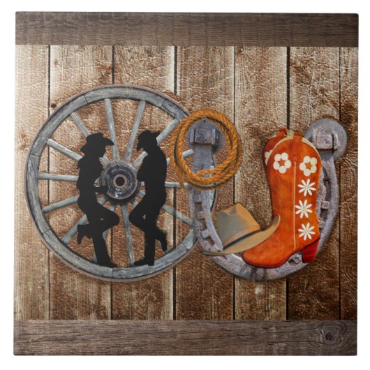 Westerne Cowboy Cowgirl Hoefijzer Wagon Wiel Tegeltje (Voorkant)