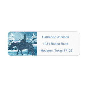 Westerne Cowboy Cowgirl Horse Winter Snow Scene Etiket