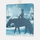 Westerne Cowboy Cowgirl Paard Winter Sneeuwscène Keramisch Ornament (Links)