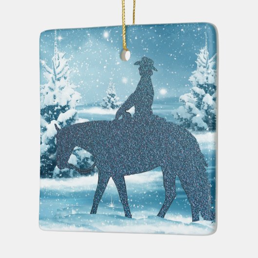 Westerne Cowboy Cowgirl Paard Winter Sneeuwscène Keramisch Ornament (Links)