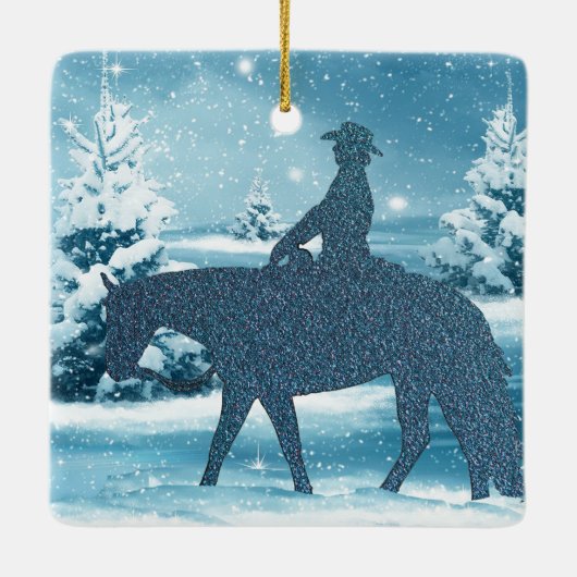 Westerne Cowboy Cowgirl Paard Winter Sneeuwscène Keramisch Ornament (Achterkant)