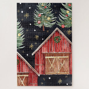 Westerne Cowboy Cowgirl Red Barn Christmas Legpuzzel