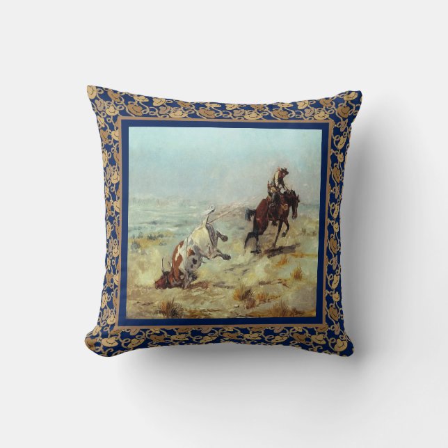  Westerne cowboy die een Steer Blue beweegt Kussen (Voorkant)