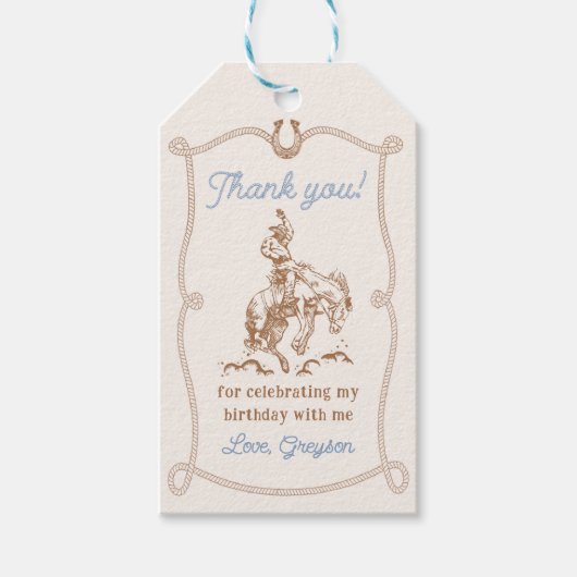 Westerne cowboy eerste rodeo 1e verjaardag cadeaulabel (Voorkant)